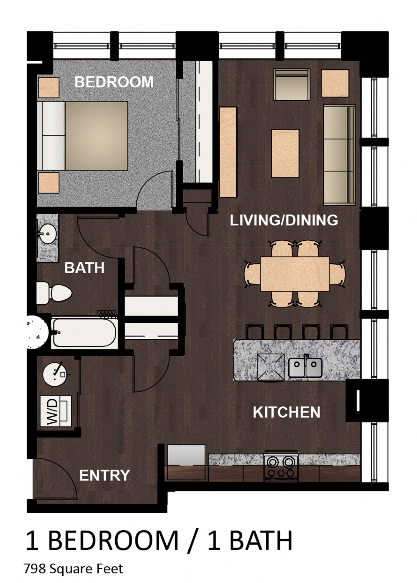 Floor plan for 1 bed, 1 bath, 798 sqft